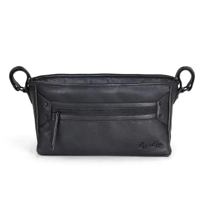 Adjustable black stroller caddy/organizer featuring a front zip pocket and side attachment loops.