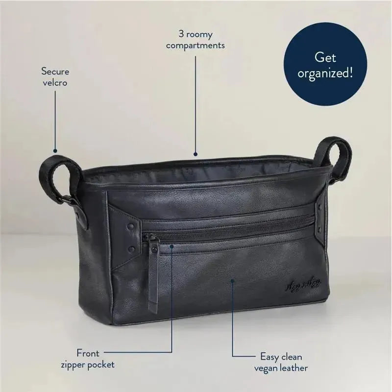 Adjustable black stroller caddy with three compartments, secure velcro closure, front zipper pocket, and easy clean vegan leather.