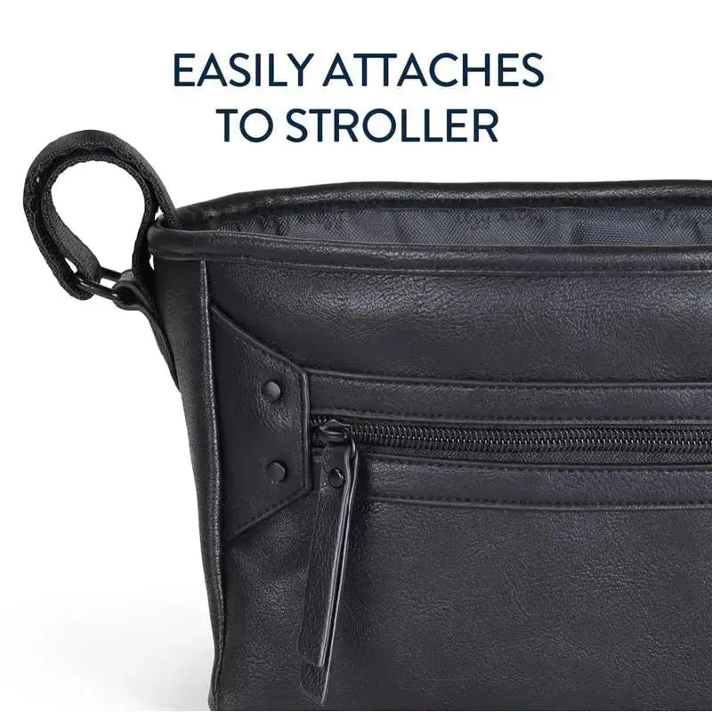 Adjustable black stroller caddy with a zipper pocket and attachment loop, designed for organization and convenience.