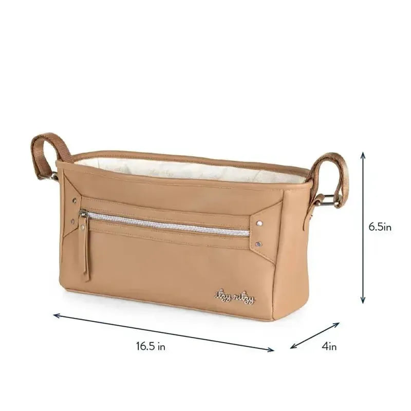 Adjustable stroller caddy/organizer in chai color, featuring a zippered front pocket and dimensions of 16.5 in x 6.5 in x 4 in.