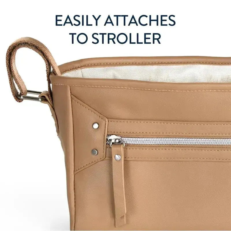 Adjustable stroller caddy in chai color with a zippered pocket and easy attachment feature for strollers.