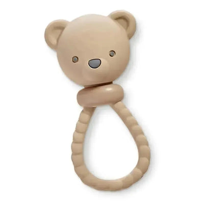 Soft beige bear-shaped rattle with a textured ring handle, designed for infants to grasp and shake.