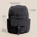 Modern unisex black backpack featuring a wide opening, six external pockets, two insulated bottle pockets, and magnetic closure.