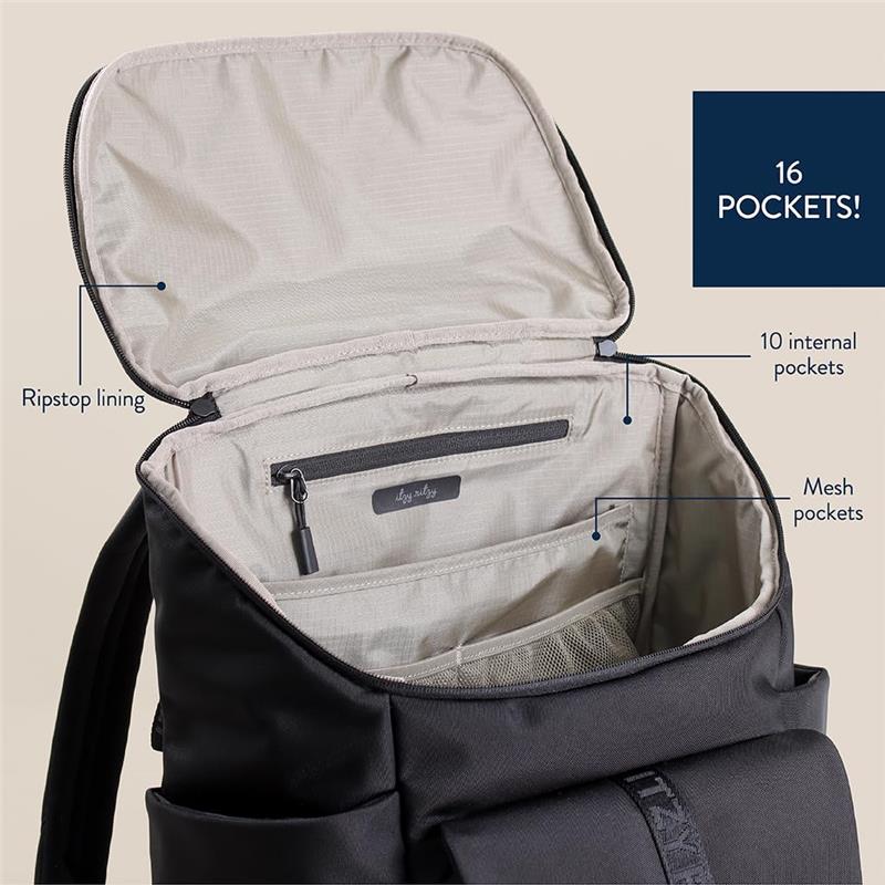 Black Itzy Ritzy Belong Bucket Backpack™ with an open top, showing internal organizational features, including ripstop lining and multiple pockets.