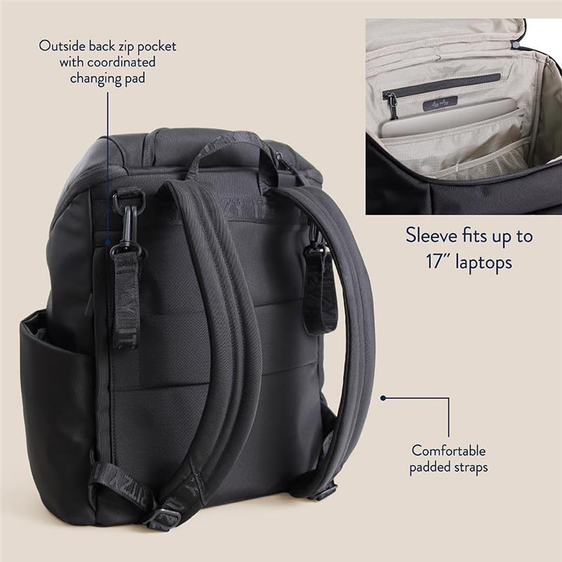 Modern unisex black backpack with padded straps, external zip pocket, and sleeve for laptops up to 17 inches.