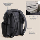 Modern unisex black backpack with padded straps, external zip pocket, and sleeve for laptops up to 17 inches.