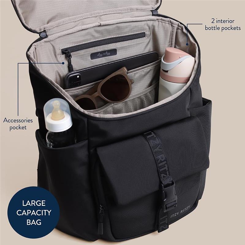 Black Itzy Ritzy Belong Bucket Backpack with various compartments, including 2 bottle pockets and an accessories pocket.