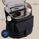 Black Itzy Ritzy Belong Bucket Backpack with various compartments, including 2 bottle pockets and an accessories pocket.