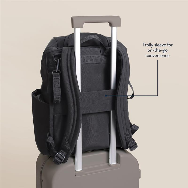 Modern unisex black backpack with adjustable straps, featuring a trolley sleeve for convenience, placed on a suitcase.