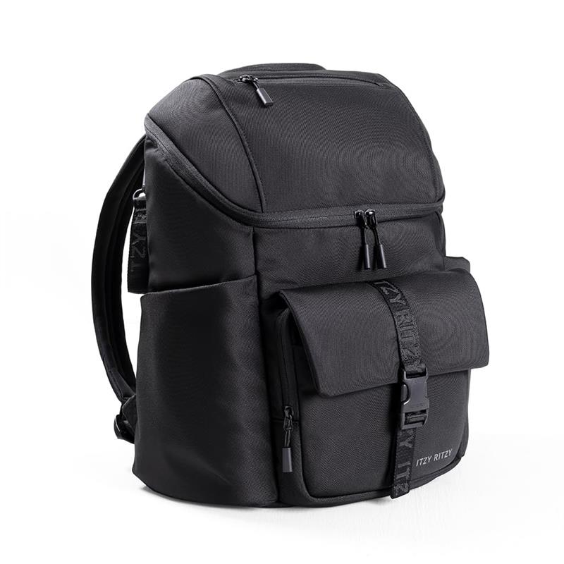 Black Itzy Ritzy Belong Bucket Backpack™ with multiple compartments and a front flap, designed for unisex use.