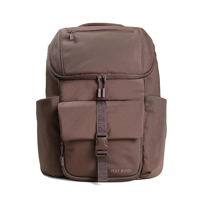 Modern unisex backpack in mocha color with zippers, front pocket, and adjustable straps, by Itzy Ritzy.