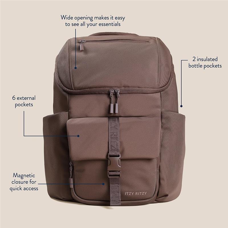 Modern unisex mocha backpack by Itzy Ritzy featuring a wide opening, 6 external pockets, 2 insulated bottle pockets, and magnetic closure.