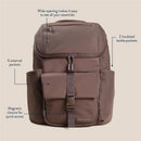 Modern unisex mocha backpack by Itzy Ritzy featuring a wide opening, 6 external pockets, 2 insulated bottle pockets, and magnetic closure.