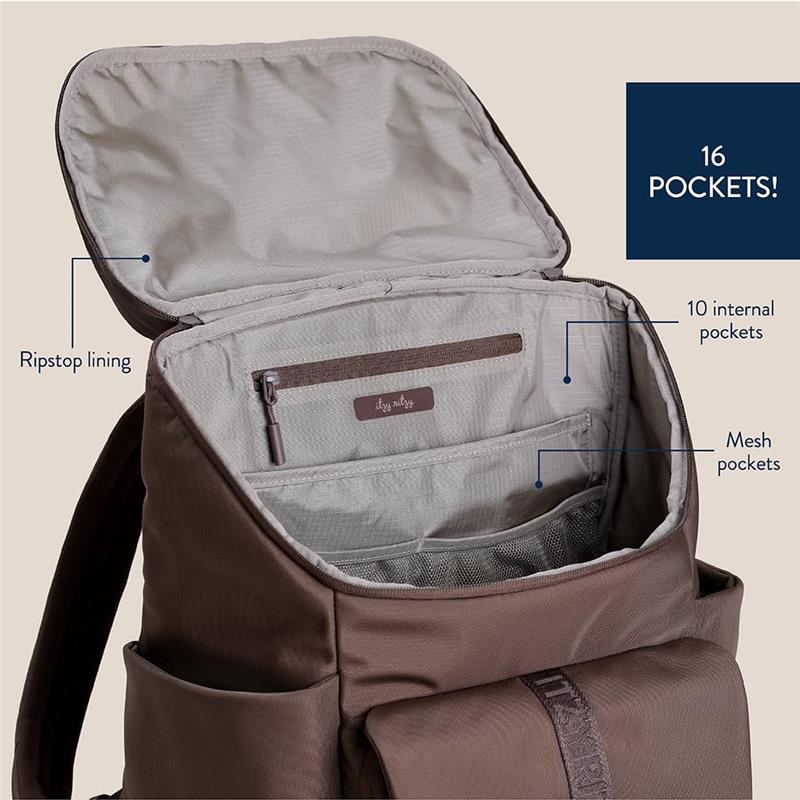 Modern unisex mocha backpack featuring ripstop lining and 16 pockets, including 10 internal and mesh pockets.