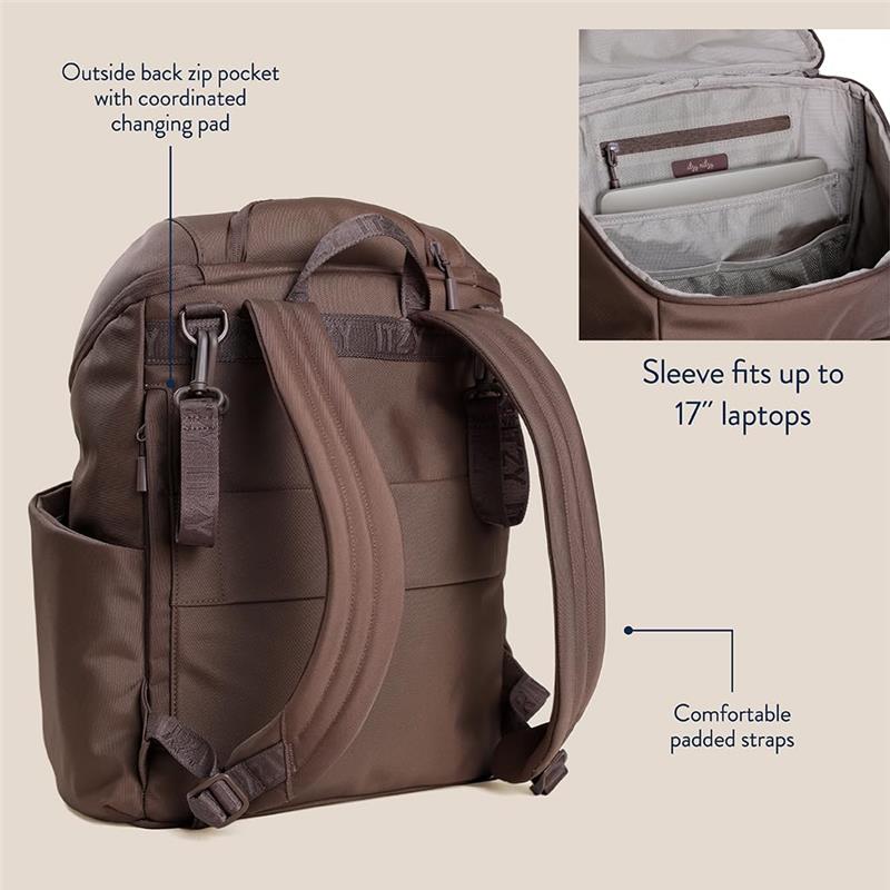 Mocha Itzy Ritzy Belong Bucket Backpack showing exterior zip pocket, padded straps, and interior sleeve for 17” laptops.