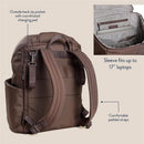 Mocha Itzy Ritzy Belong Bucket Backpack showing exterior zip pocket, padded straps, and interior sleeve for 17” laptops.