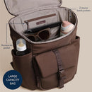 Modern unisex mocha backpack with large capacity, featuring interior bottle pockets, accessories pocket, and sunglasses.