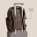 Modern unisex mocha backpack with trolley sleeve for convenience, displayed on a suitcase for travel use.
