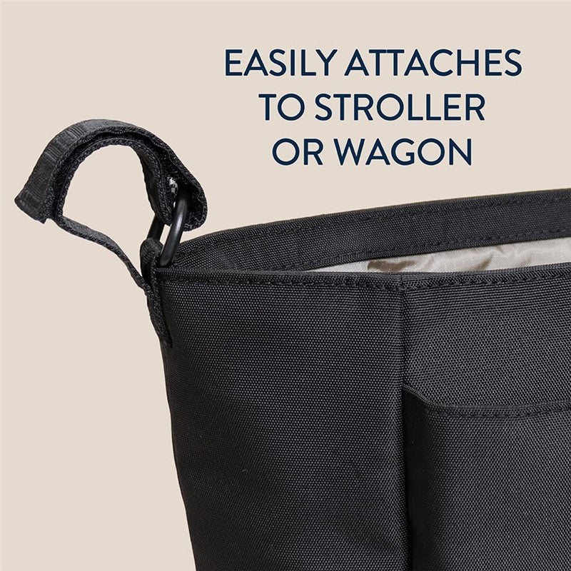 Black Itzy Ritzy Belong Carry-All Caddy with a strap for attachment to a stroller or wagon; features a spacious interior.