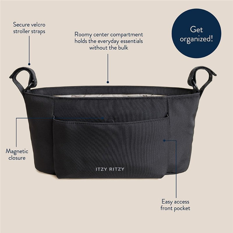 Black Itzy Ritzy Belong Carry-All Caddy, featuring secure velcro stroller straps, magnetic closure, and an easy access front pocket.