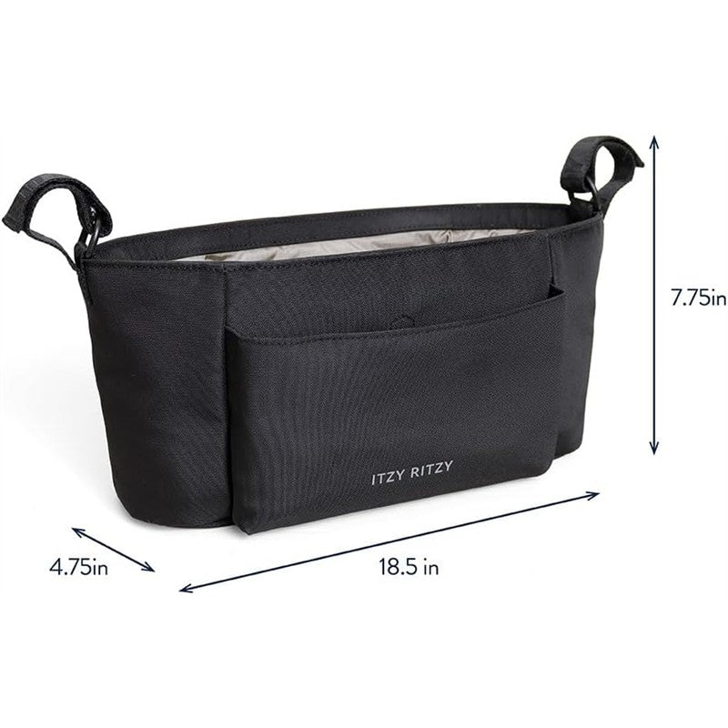 Itzy Ritzy Belong Carry-All Caddy in black, featuring multiple pockets and a spacious interior, measuring 18.5 x 4.75 x 7.75 inches.