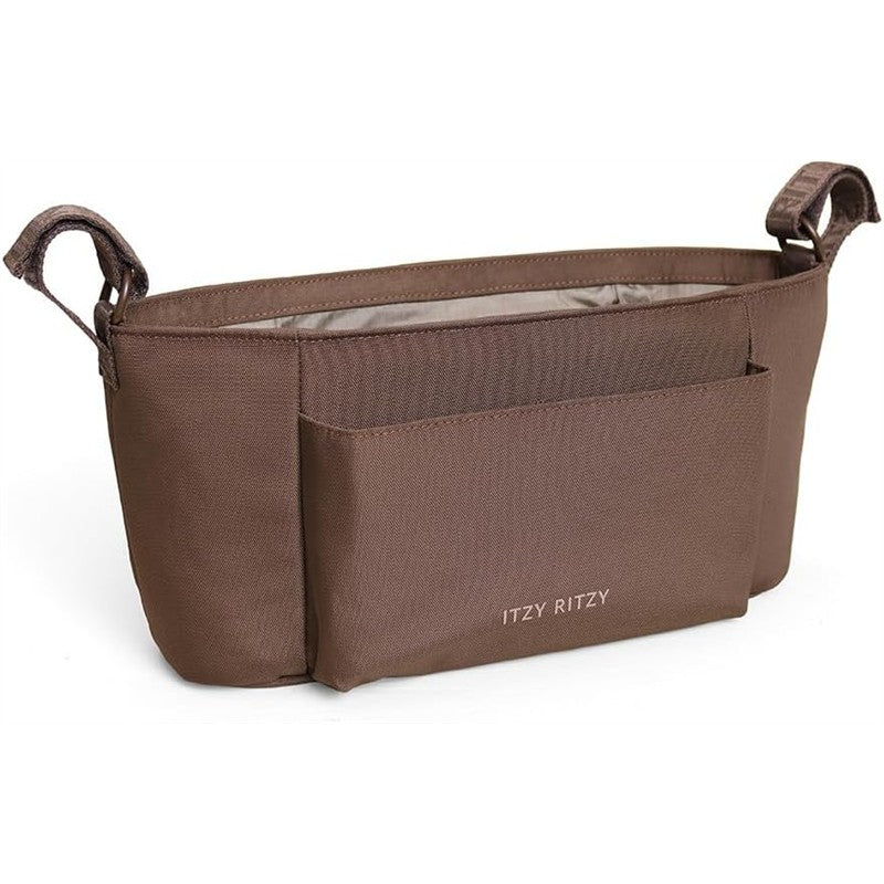 Itzy Ritzy Belong Carry-All Caddy in brown fabric with multiple pockets and a sleek design for organizing baby essentials.