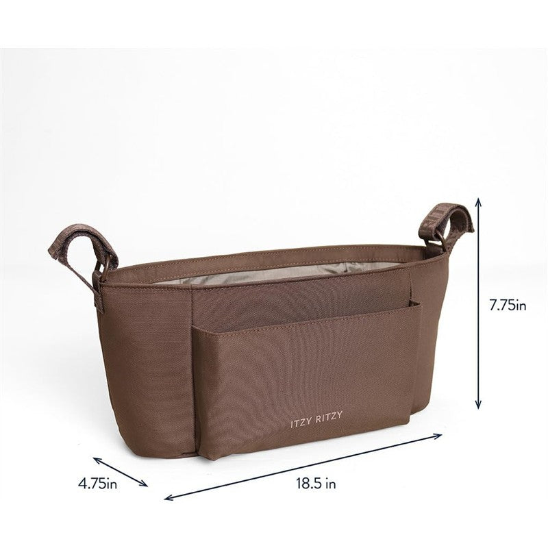 Itzy Ritzy Belong Carry-All Caddy in brown with dimensions 18.5 in width, 7.75 in height, and 4.75 in depth, featuring side pockets.