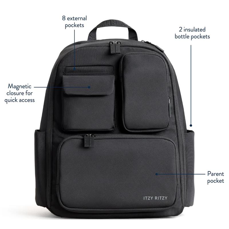 Mocha Itzy Ritzy Belong Utility Backpack featuring eight external pockets, two insulated bottle pockets, and a magnetic closure.