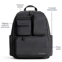 Mocha Itzy Ritzy Belong Utility Backpack featuring eight external pockets, two insulated bottle pockets, and a magnetic closure.