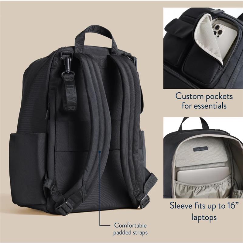 Utility backpack in mocha with padded straps, custom pockets, and a sleeve for laptops up to 16 inches.