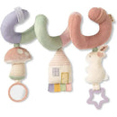 Pastel Itzy Bitzy Spiral featuring textured plush shapes: a mushroom, house, bunny, and a star teething ring.