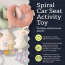 Pastel spiral car seat activity toy with plush bunny, house, and star-shaped clip; designed for babies 0 months and up.