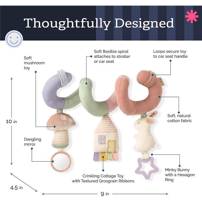 Pastel-colored Itzy Ritzy Bitzy Spiral toy for infants, featuring a crinkling cottage, mushroom, mirror, and bunny.