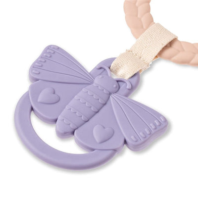 Purple bunny-shaped teething ring with a textured surface and a soft braided strap, designed for infants to chew on.