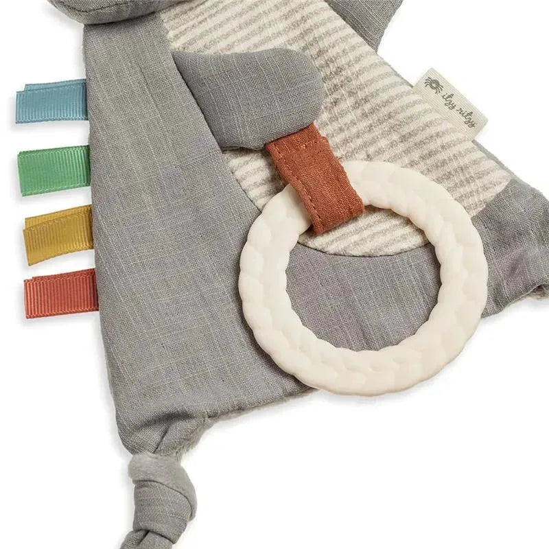 Bitzy Crinkle Sensory Crinkle Toy by Itzy Ritzy featuring a textured koala design, multicolored tags, and a soft teether ring.