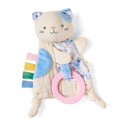 Bitzy Crinkle Sensory Toy Kitty, featuring soft fabric, colorful tag ribbons, and a pink crinkle ring for babies and toddlers.