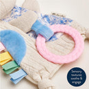 Bitzy Crinkle Sensory Toy Kitty features a pink ring, textured fabrics, and colorful tags designed to engage babies and toddlers.