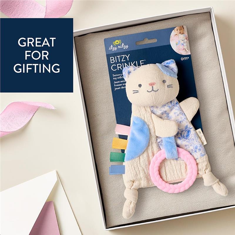 Soft kitty sensory toy with crinkle sound, featuring colorful tags and a pink ring, in a gift-ready box.