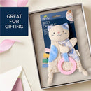 Soft kitty sensory toy with crinkle sound, featuring colorful tags and a pink ring, in a gift-ready box.