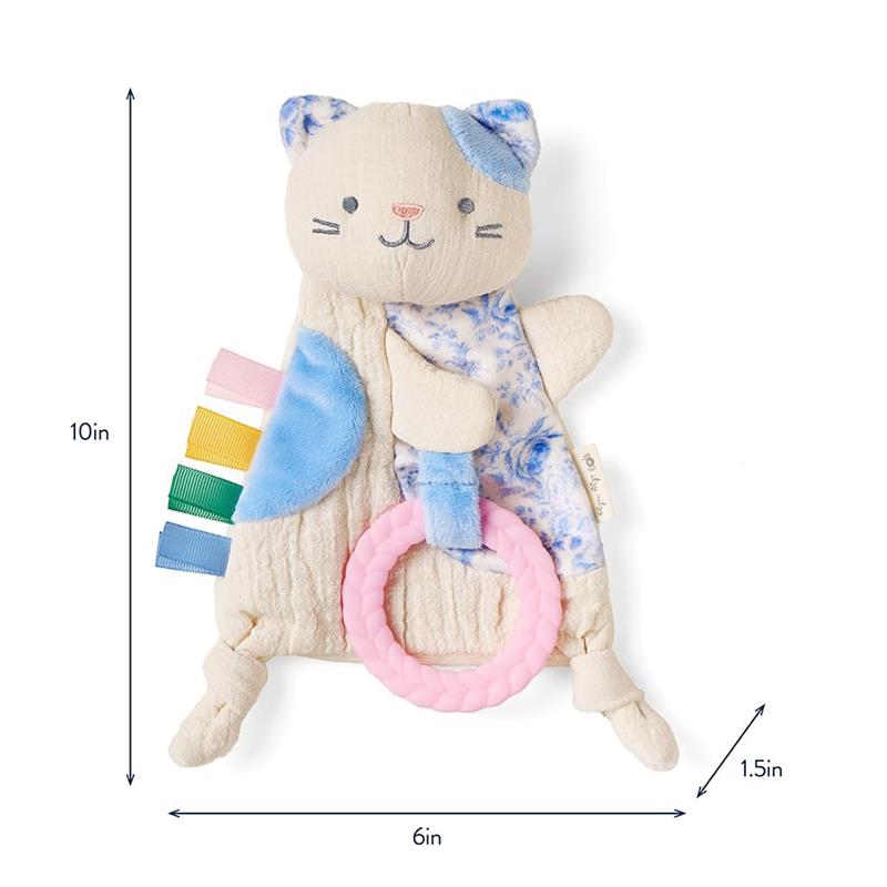Crinkle sensory toy shaped like a kitty, featuring colorful tags and a pink teething ring. Measurements: 10in x 6in x 1.5in.
