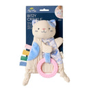 Crinkle sensory toy in the shape of a kitty with a pink teething ring and colorful tag ribbons, suitable for babies and toddlers.