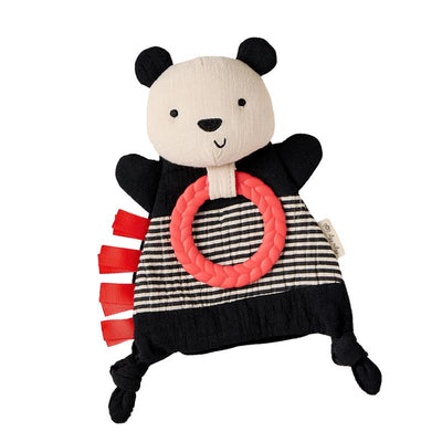 Crinkle sensory toy shaped like a panda, featuring a textured ring and colorful tags for tactile exploration.