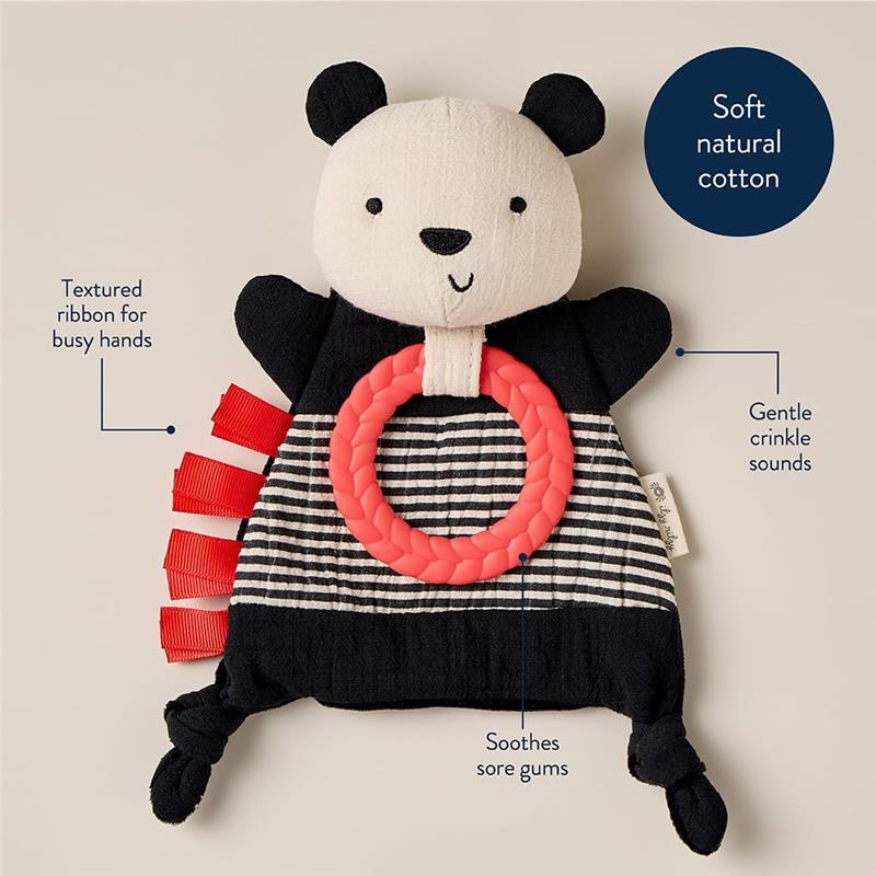 Bitzy Crinkle Sensory Toy Panda featuring soft cotton, crinkle sounds, a silicone ring, and textured ribbons for sensory play.