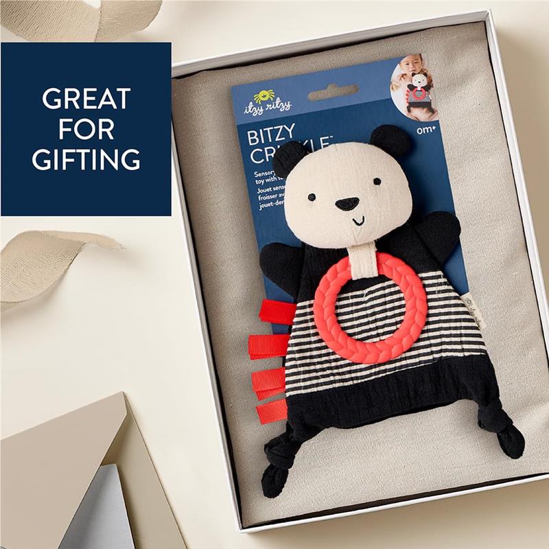 Bitzy Crinkle sensory toy panda with crinkle sound, featuring a textured ring and ribbon details, presented in a gift box.