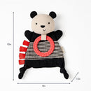 Crinkle sensory panda toy with a red teething ring and colorful tags, designed for babies and toddlers.