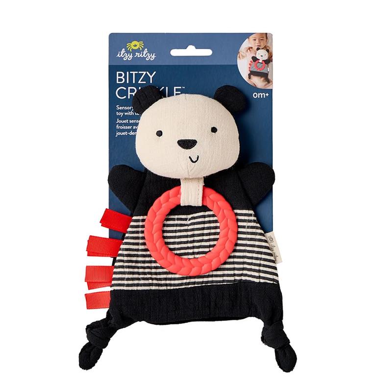 Bitzy Crinkle Sensory Toy Panda featuring crinkle sound, soft fabric, and a silicone teething ring; designed for babies and toddlers.