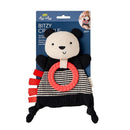 Bitzy Crinkle Sensory Toy Panda featuring crinkle sound, soft fabric, and a silicone teething ring; designed for babies and toddlers.