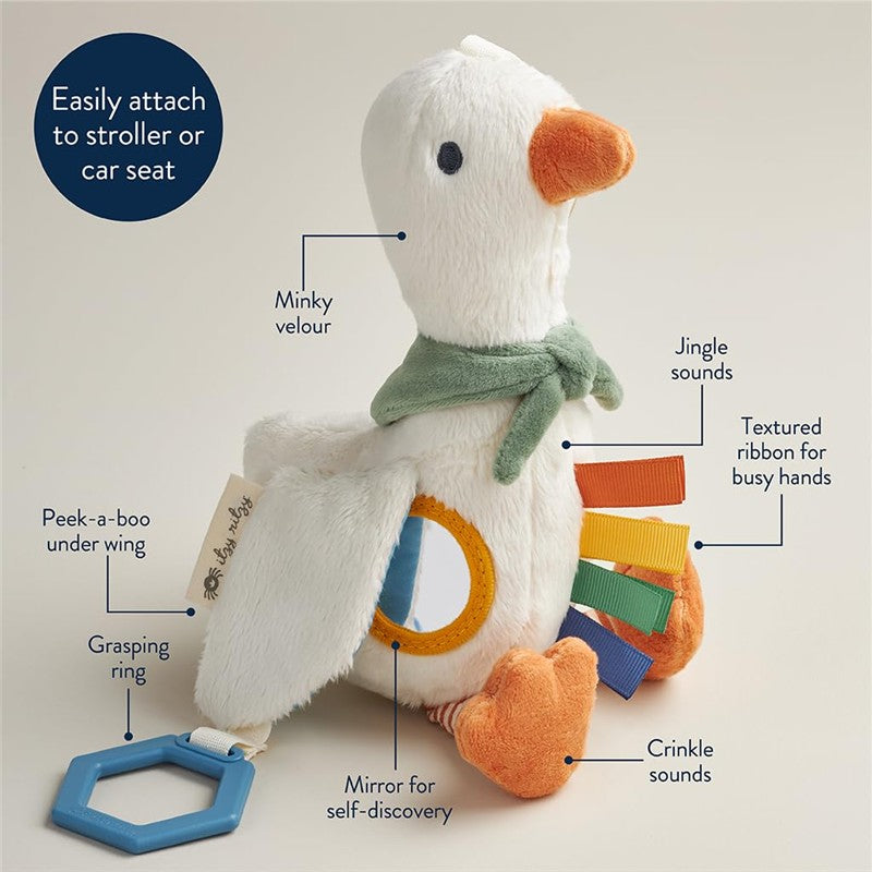Bitzy Traveler Car Seat & Stroller Toy features a soft white duck with various textures, a grasping ring, and crinkle sounds.