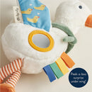 Soft plush duck toy with a mirror, colorful ribbons, and a fabric wing featuring ducks, designed for babies.