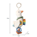 Bitzy Traveler car seat and stroller toy featuring a plush duck with colorful tags and a gripping handle for babies.
